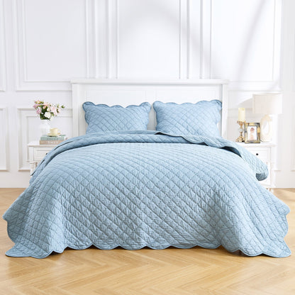 Diamond Scalloped Edge 100% Cotton Voile Hand Stitched Quilt Set 3PC - Quahog Bay Bedding