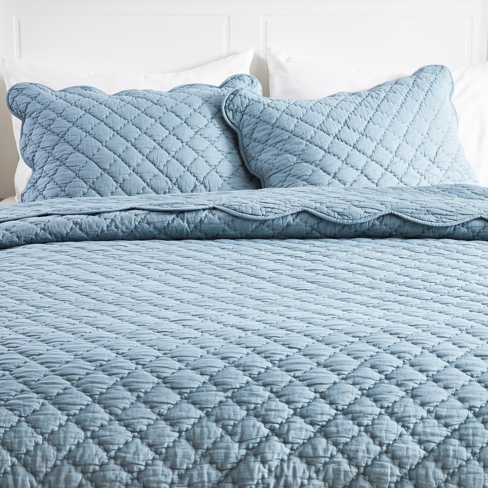 Diamond Scalloped Edge 100% Cotton Voile Hand Stitched Quilt Set 3PC - Quahog Bay Bedding