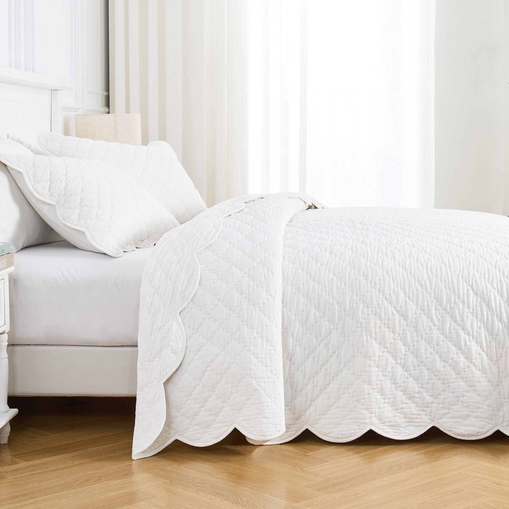Diamond Scalloped Edge 100% Cotton Voile Hand Stitched Quilt Set 3PC - Quahog Bay Bedding