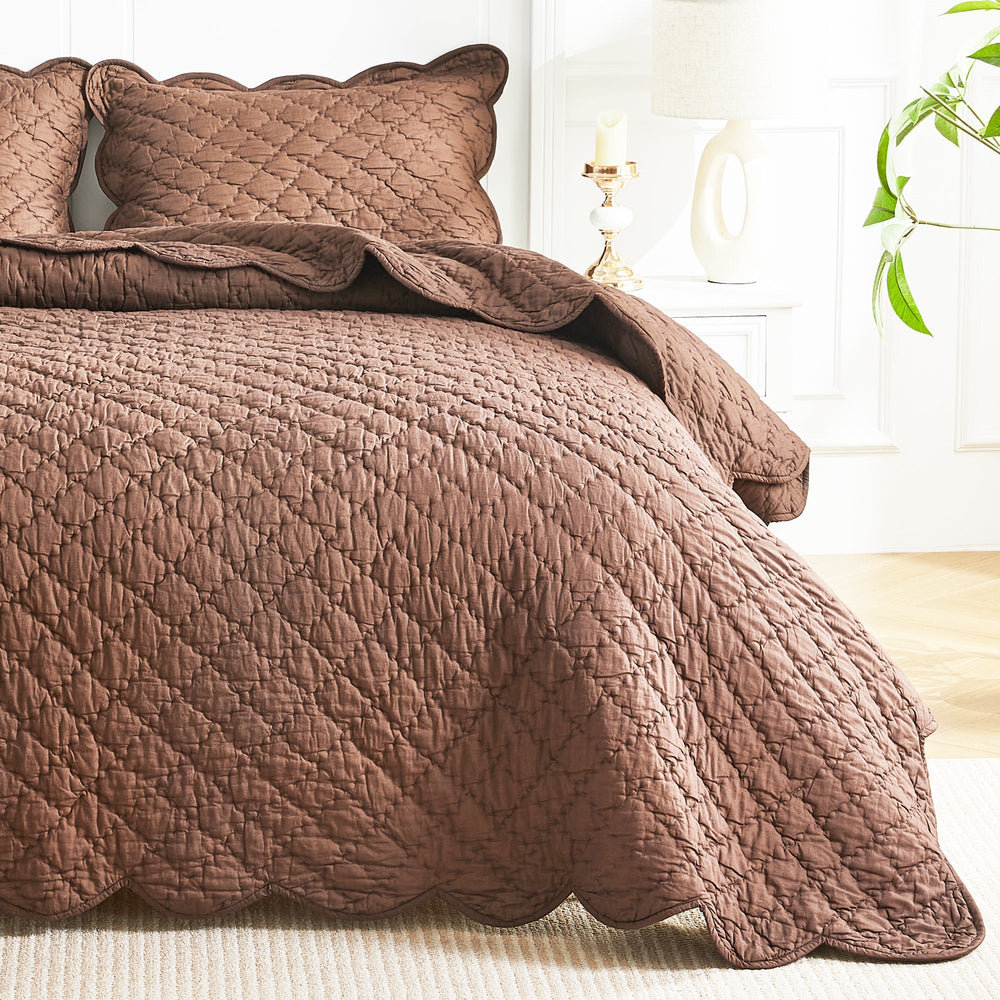 Diamond Scalloped Edge 100% Cotton Voile Hand Stitched Quilt Set 3PC - Quahog Bay Bedding