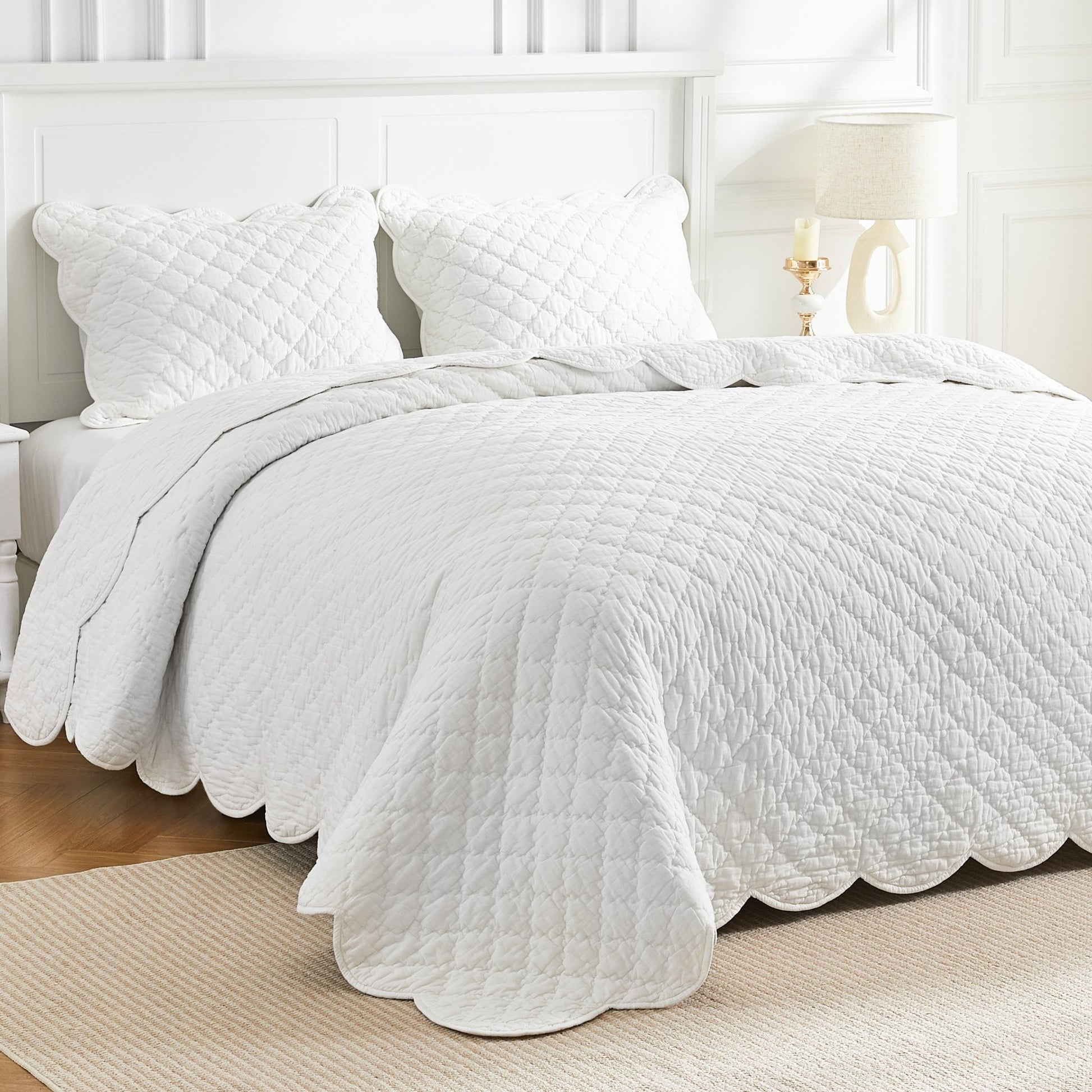 Diamond Scalloped Edge 100% Cotton Voile Hand Stitched Quilt Set 3PC - Quahog Bay Bedding