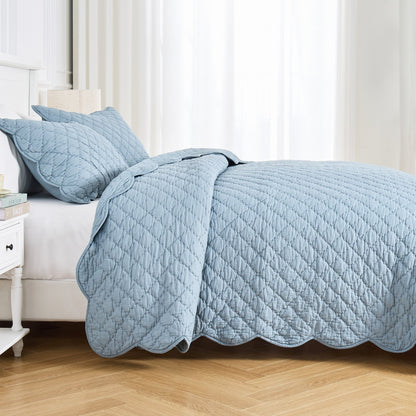 Diamond Scalloped Edge 100% Cotton Voile Hand Stitched Quilt Set 3PC - Quahog Bay Bedding