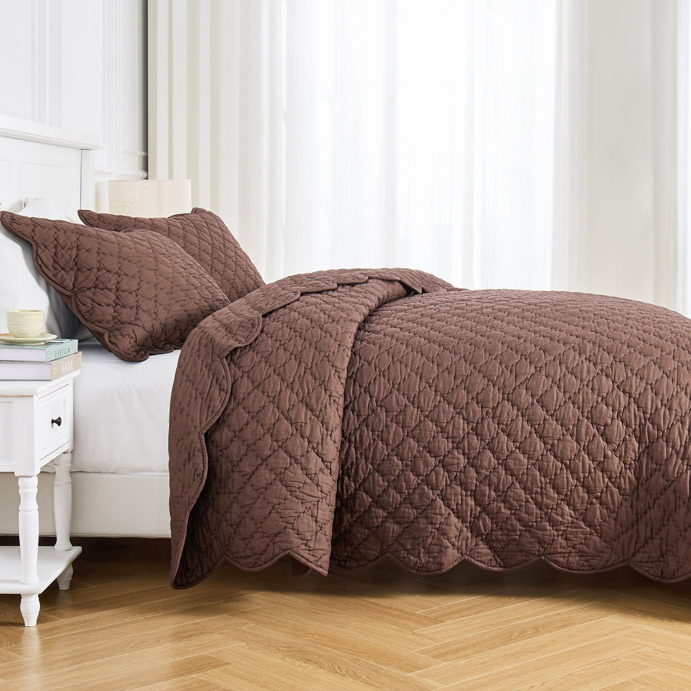 Diamond Scalloped Edge 100% Cotton Voile Hand Stitched Quilt Set 3PC - Quahog Bay Bedding
