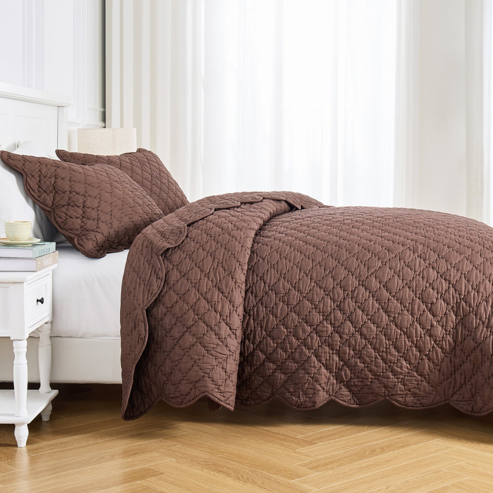 Diamond Scalloped Edge 100% Cotton Voile Hand Stitched Quilt Set 3PC - Quahog Bay Bedding