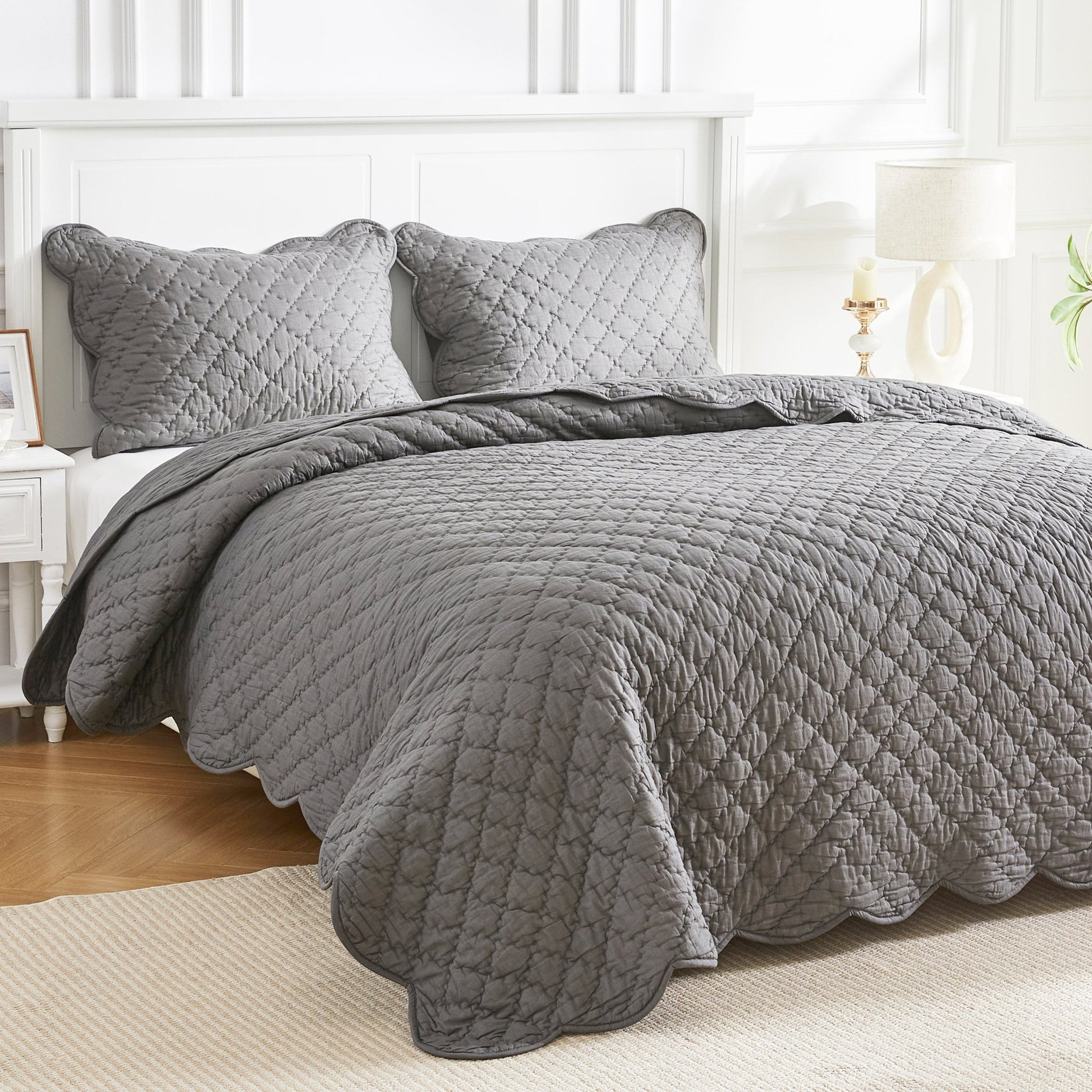 Diamond Scalloped Edge 100% Cotton Voile Hand Stitched Quilt Set 3PC - Quahog Bay Bedding
