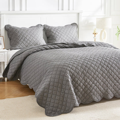 Diamond Scalloped Edge 100% Cotton Voile Hand Stitched Quilt Set 3PC - Quahog Bay Bedding