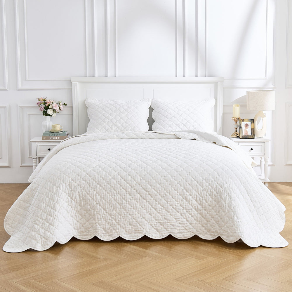 Diamond Scalloped Edge 100% Cotton Voile Hand Stitched Quilt Set 3PC - Quahog Bay Bedding