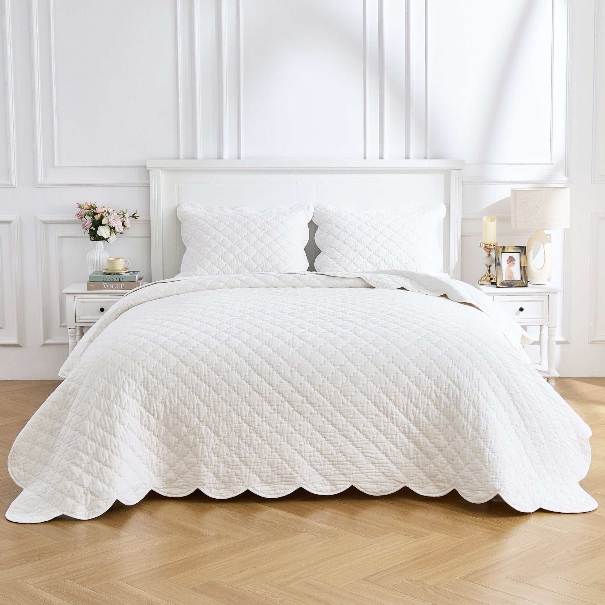 Diamond Scalloped Edge 100% Cotton Voile Hand Stitched Quilt Set 3PC - Quahog Bay Bedding