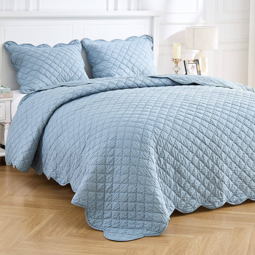 Diamond Scalloped Edge 100% Cotton Voile Hand Stitched Quilt Set 3PC - Quahog Bay Bedding