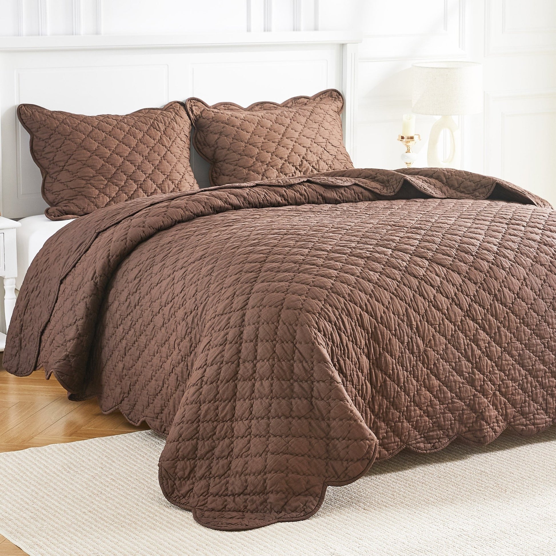 Diamond Scalloped Edge 100% Cotton Voile Hand Stitched Quilt Set 3PC - Quahog Bay Bedding