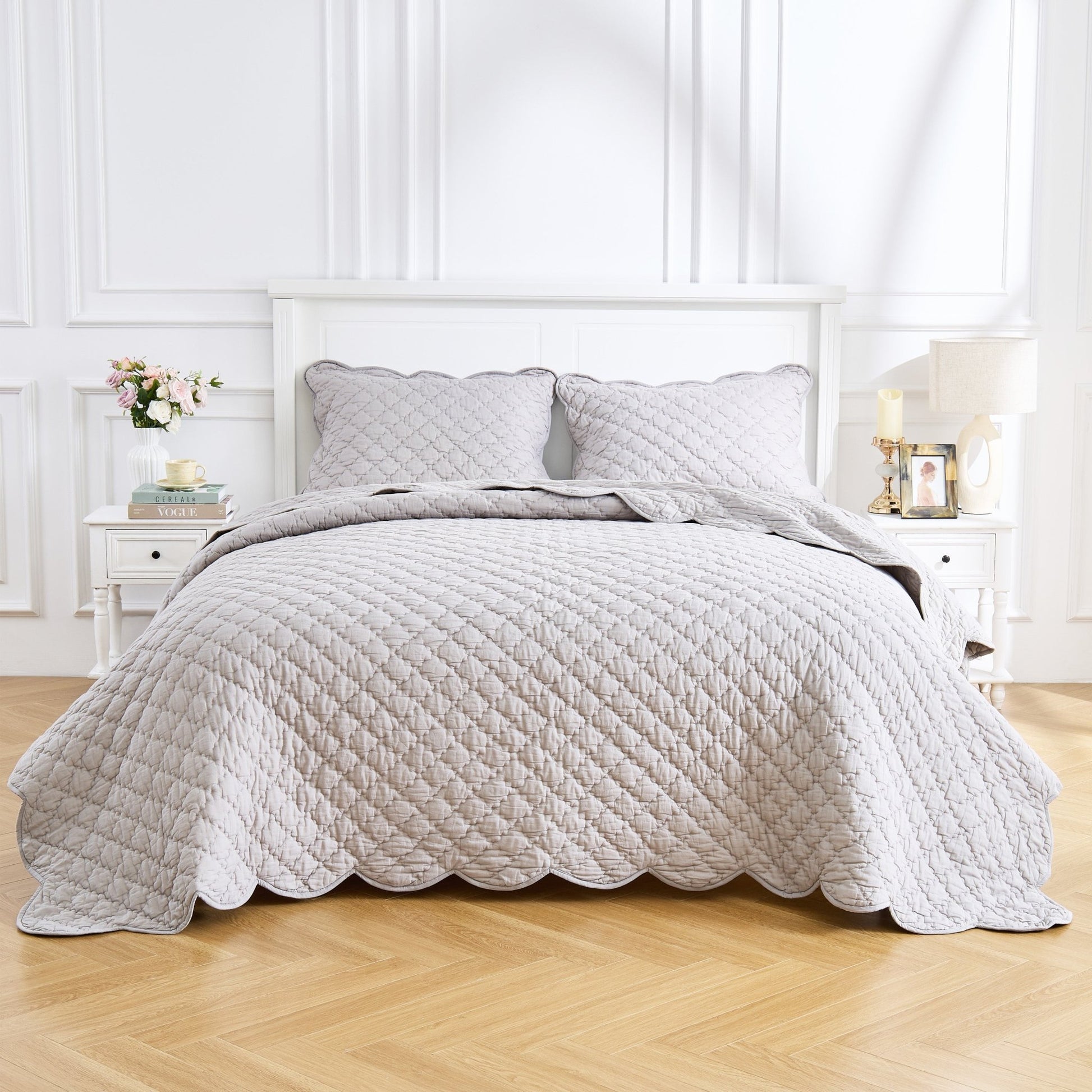 Diamond Scalloped Edge 100% Cotton Voile Hand Stitched Quilt Set 3PC - Quahog Bay Bedding