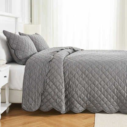 Diamond Scalloped Edge 100% Cotton Voile Hand Stitched Quilt Set 3PC - Quahog Bay Bedding