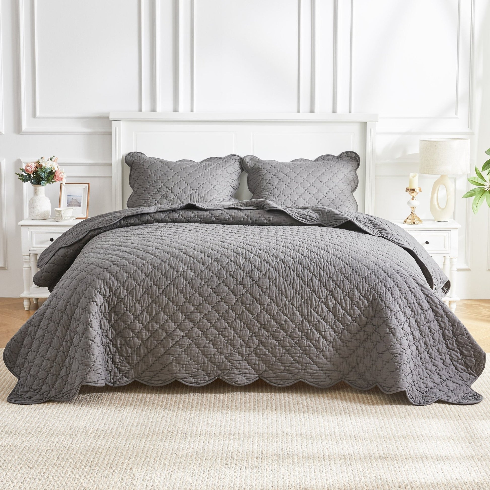 Diamond Scalloped Edge 100% Cotton Voile Hand Stitched Quilt Set 3PC - Quahog Bay Bedding