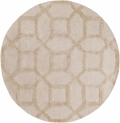 Round Dodgertown Area Rug in ivory beige wool, hand-tufted with a geometric pattern, ideal for small living areas or entryways.