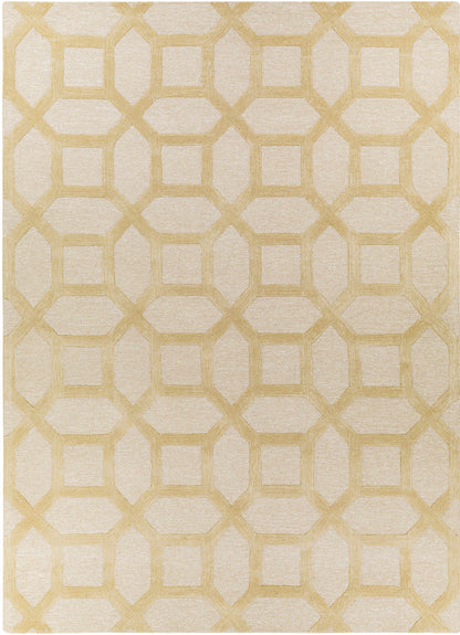 Full view of Dodgertown Area Rug - Ivory Beige Wool | Hand Tufted, featuring a modern interlocking geometric design.