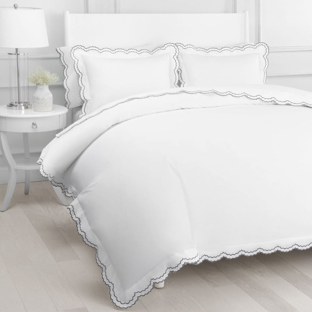 Double Scalloped Edge Embroidered Percale Duvet Set 300TC 100% Cotton - Quahog Bay Bedding