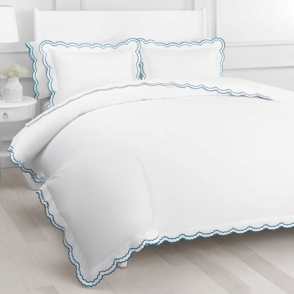 Double Scalloped Edge Embroidered Percale Duvet Set 300TC 100% Cotton - Quahog Bay Bedding