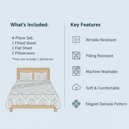 Dreamy Moon Sky Ogee Damask Heather Gray White Bed Sheet Set - Quahog Bay Bedding