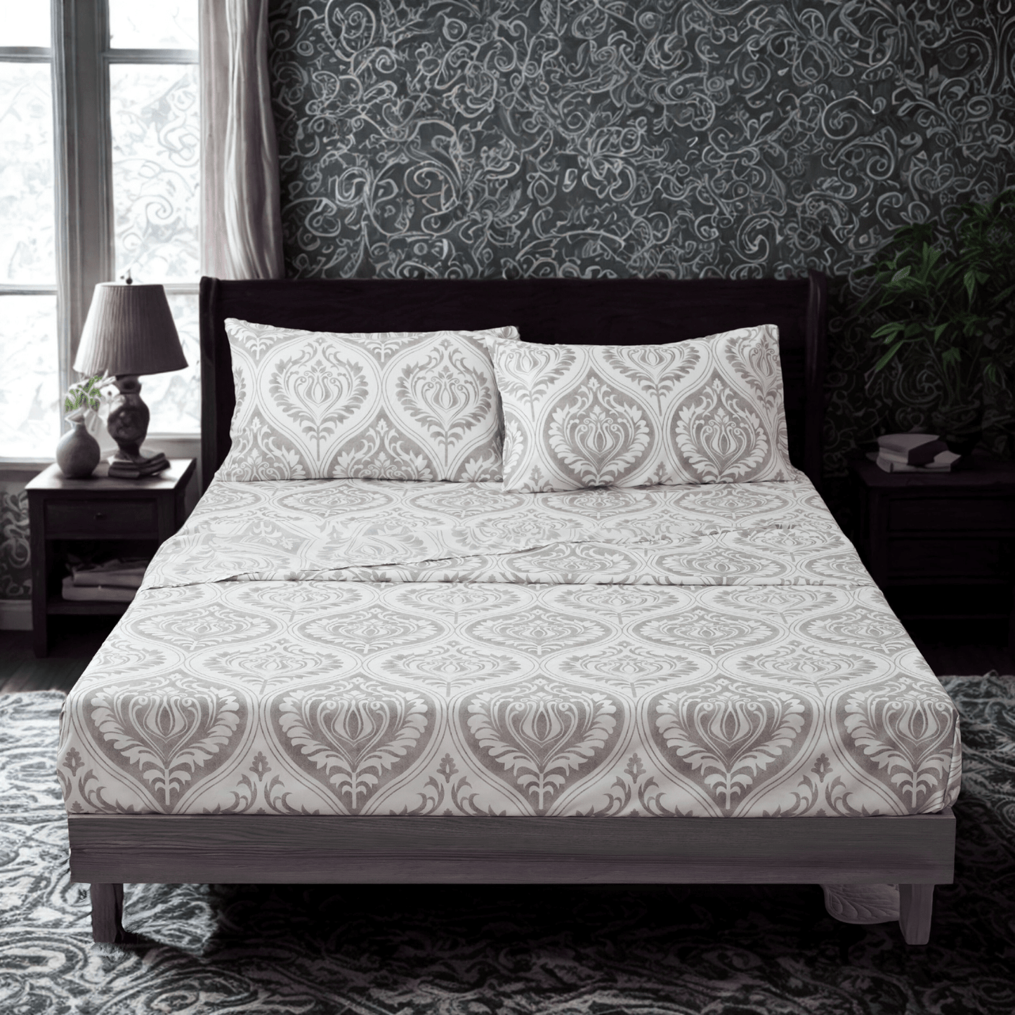 Dreamy Moon Sky Ogee Damask Heather Gray White Bed Sheet Set - Quahog Bay Bedding