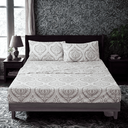 Dreamy Moon Sky Ogee Damask Heather Gray White Bed Sheet Set - Quahog Bay Bedding
