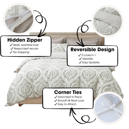 Dreamy Moon Sky Ogee Damask Heather Gray White Duvet Cover Set - Quahog Bay Bedding