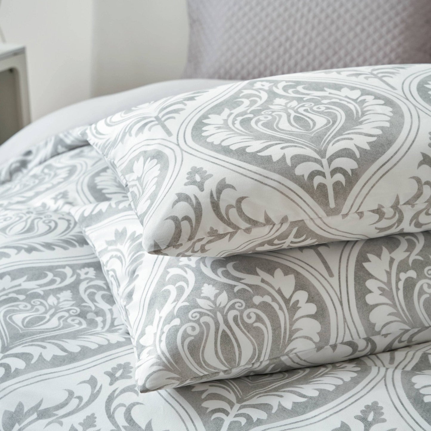 Dreamy Moon Sky Ogee Damask Heather Gray White Pillowcases - Quahog Bay Bedding