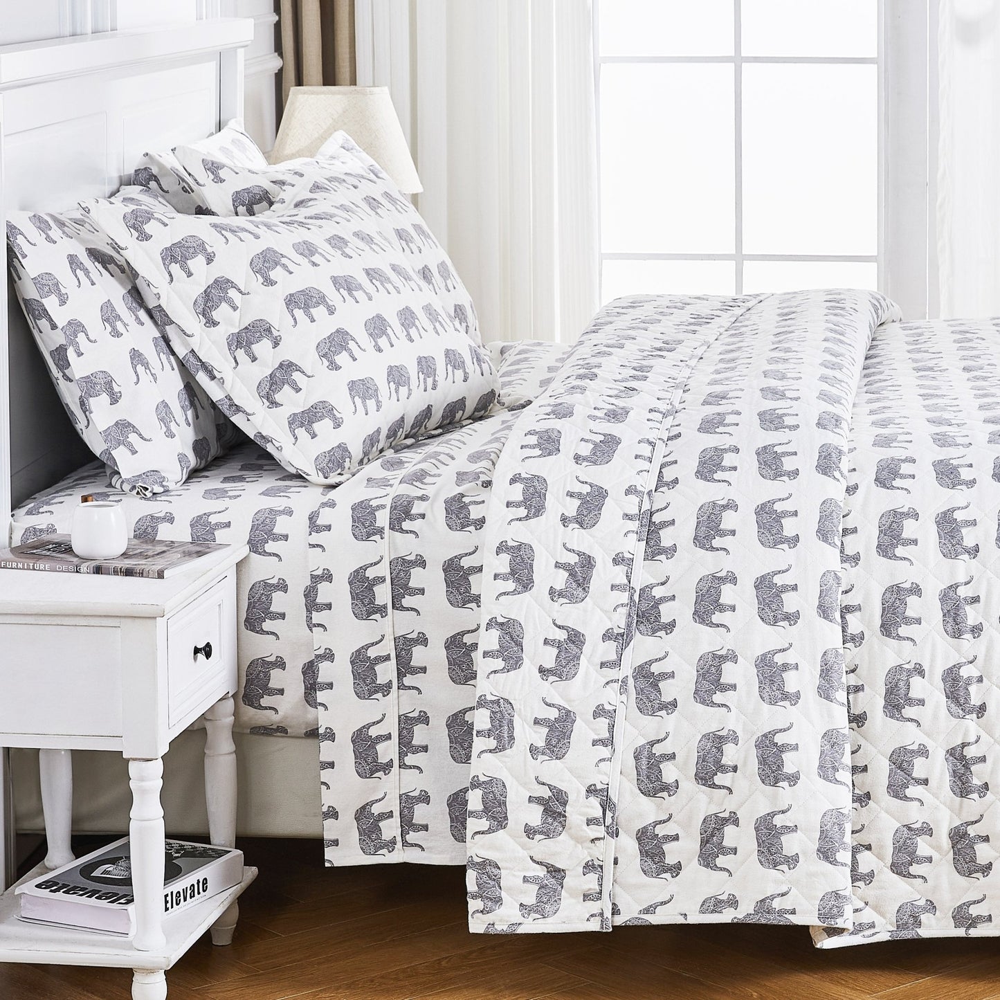 Elephants Cotton Flannel Quilt Set - Animal Print Sheets - Quahog Bay Bedding
