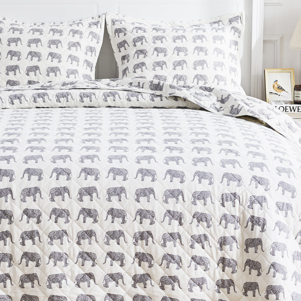Elephants Cotton Flannel Quilt Set - Animal Print Sheets - Quahog Bay Bedding