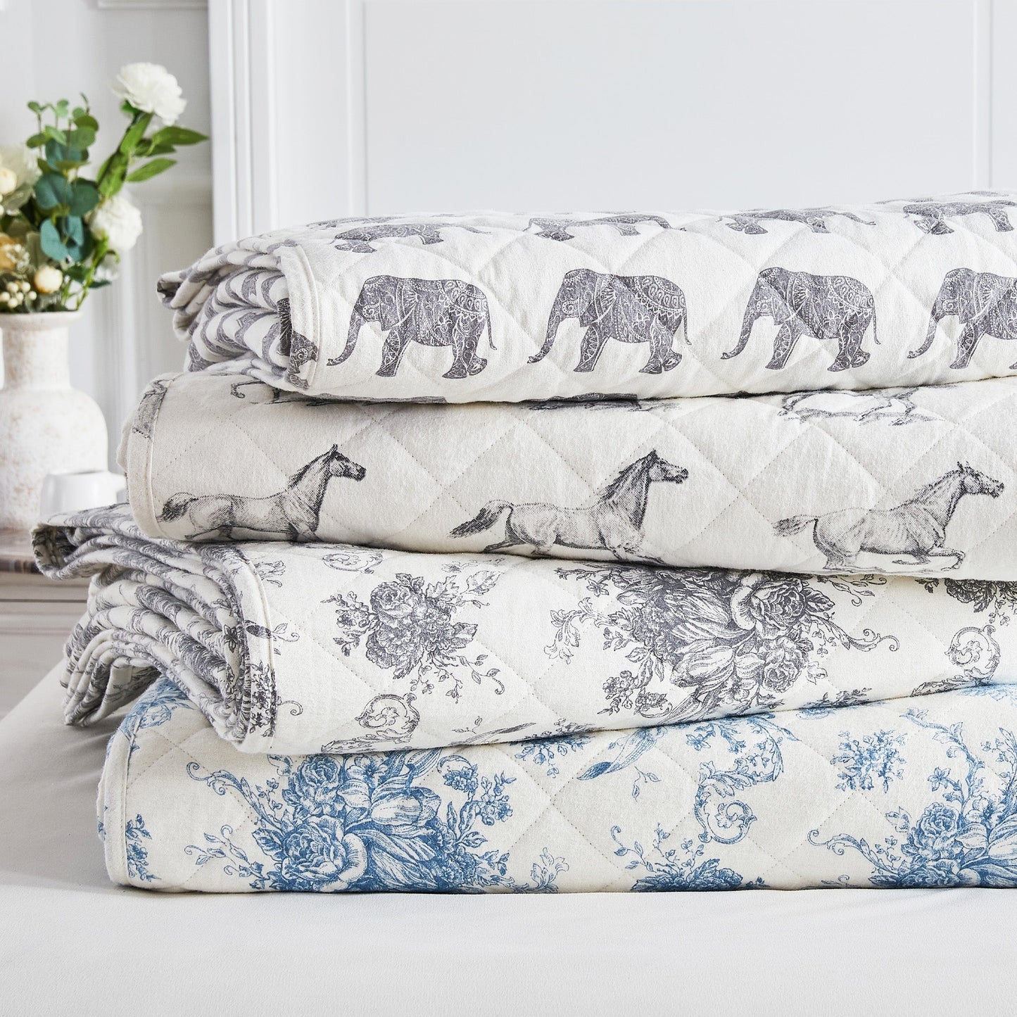 Elephants Cotton Flannel Quilt Set - Animal Print Sheets - Quahog Bay Bedding