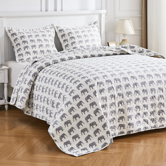Elephants Cotton Flannel Quilt Set - Animal Print Sheets - Quahog Bay Bedding