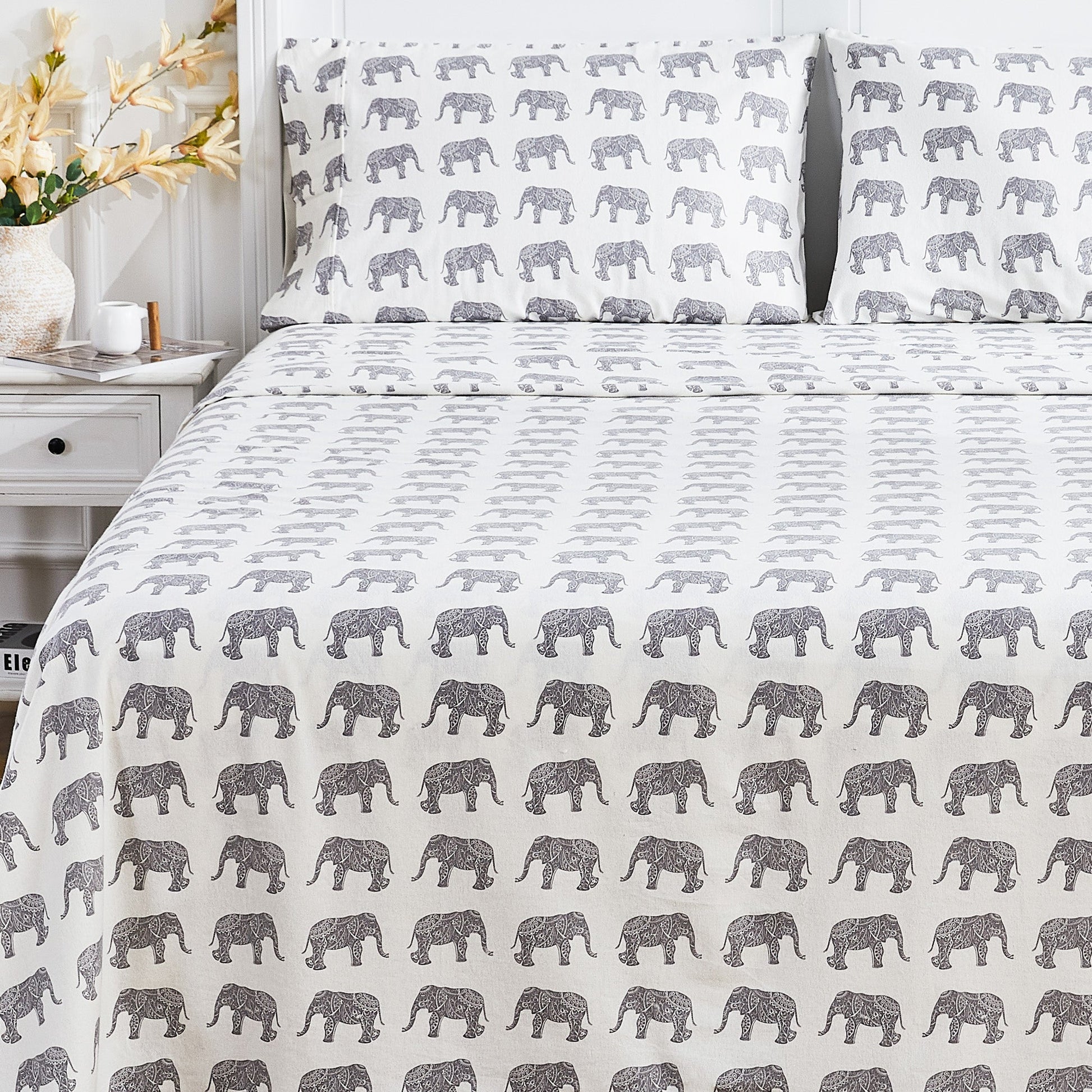 Elephants Flannel Sheet Set - Animal Print Flannel Sheets - Quahog Bay Bedding