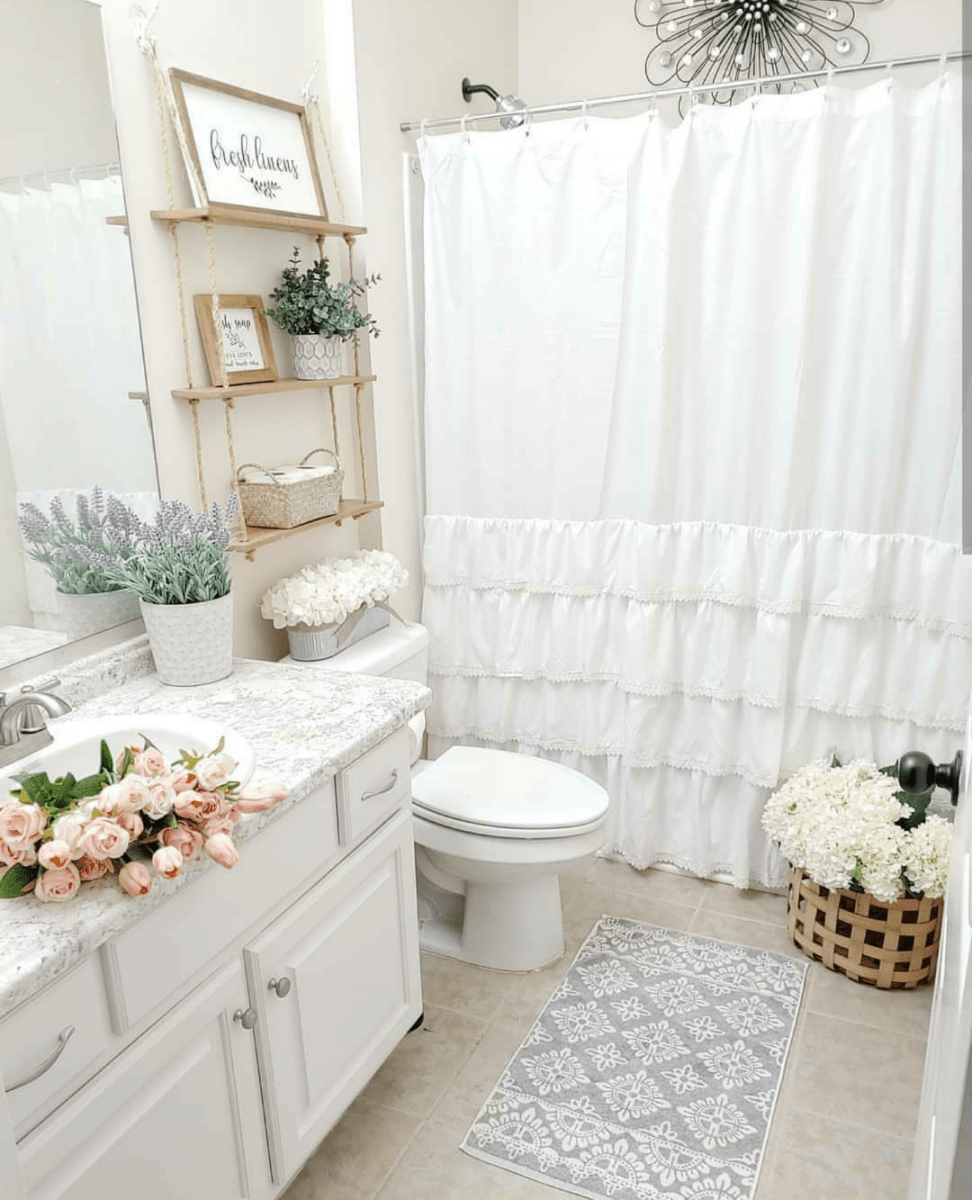 Ella Ruffle Lace Shower Curtain | Coastal Cottage Bathroom Decor
