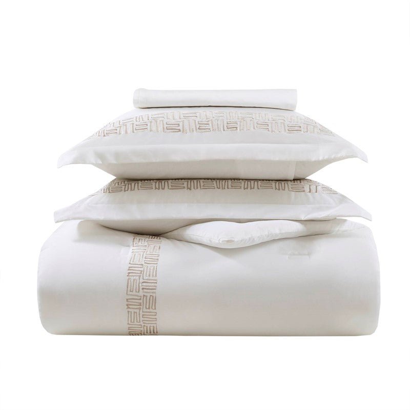 Embroidered Cotton Oversized Comforter Set - White & Gold 4PC - Quahog Bay Bedding