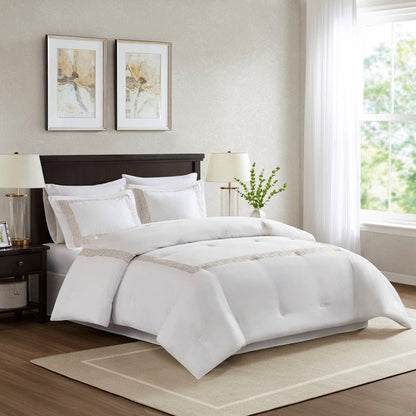 Embroidered Cotton Oversized Comforter Set - White & Gold 4PC - Quahog Bay Bedding
