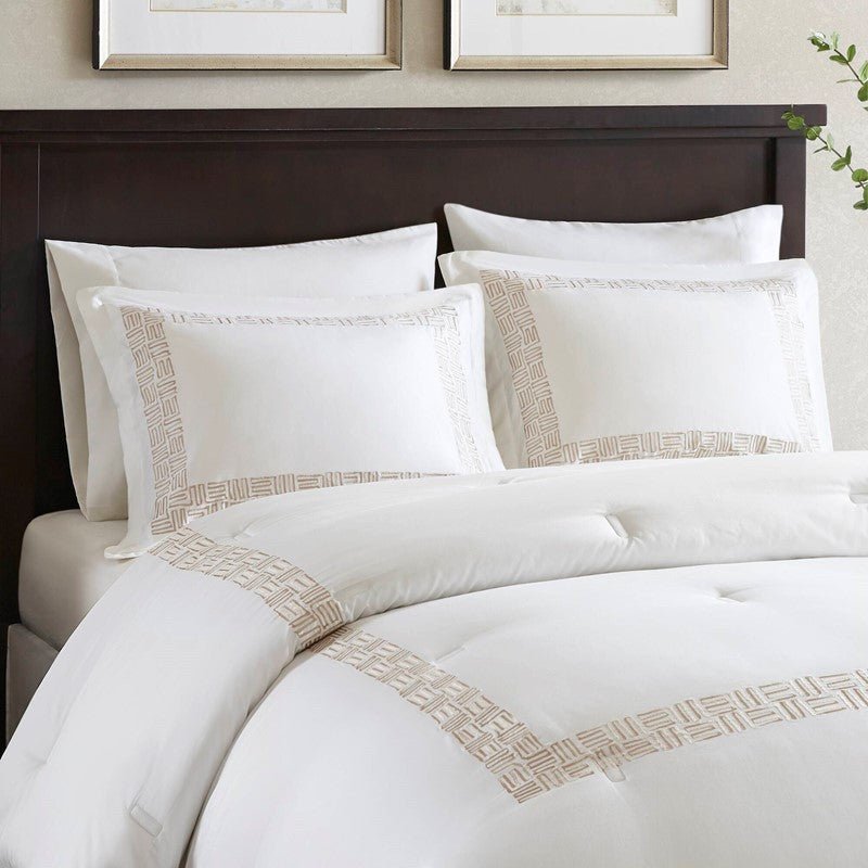 Embroidered Cotton Oversized Comforter Set - White & Gold 4PC - Quahog Bay Bedding