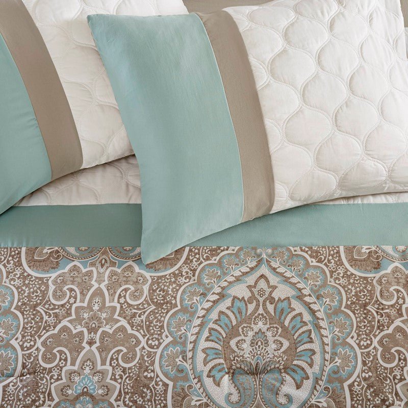 Embroidered Medallion Comforter Set - Seafoam Medallion Bedding Set - 8PC - Quahog Bay Bedding