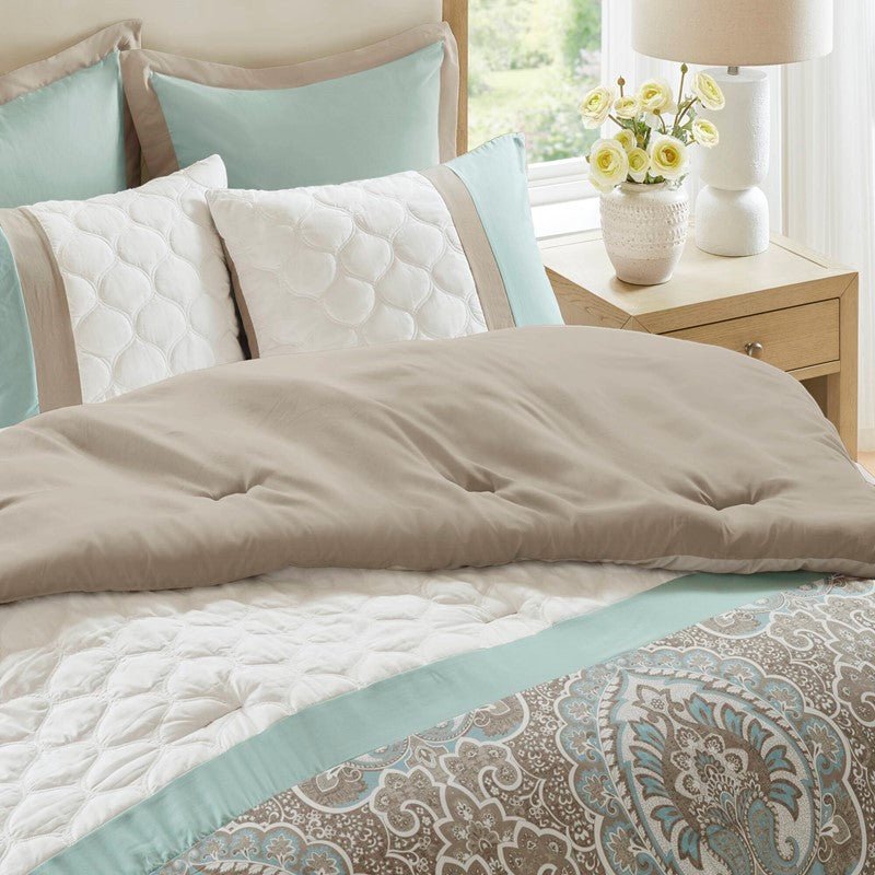 Embroidered Medallion Comforter Set - Seafoam Medallion Bedding Set - 8PC - Quahog Bay Bedding
