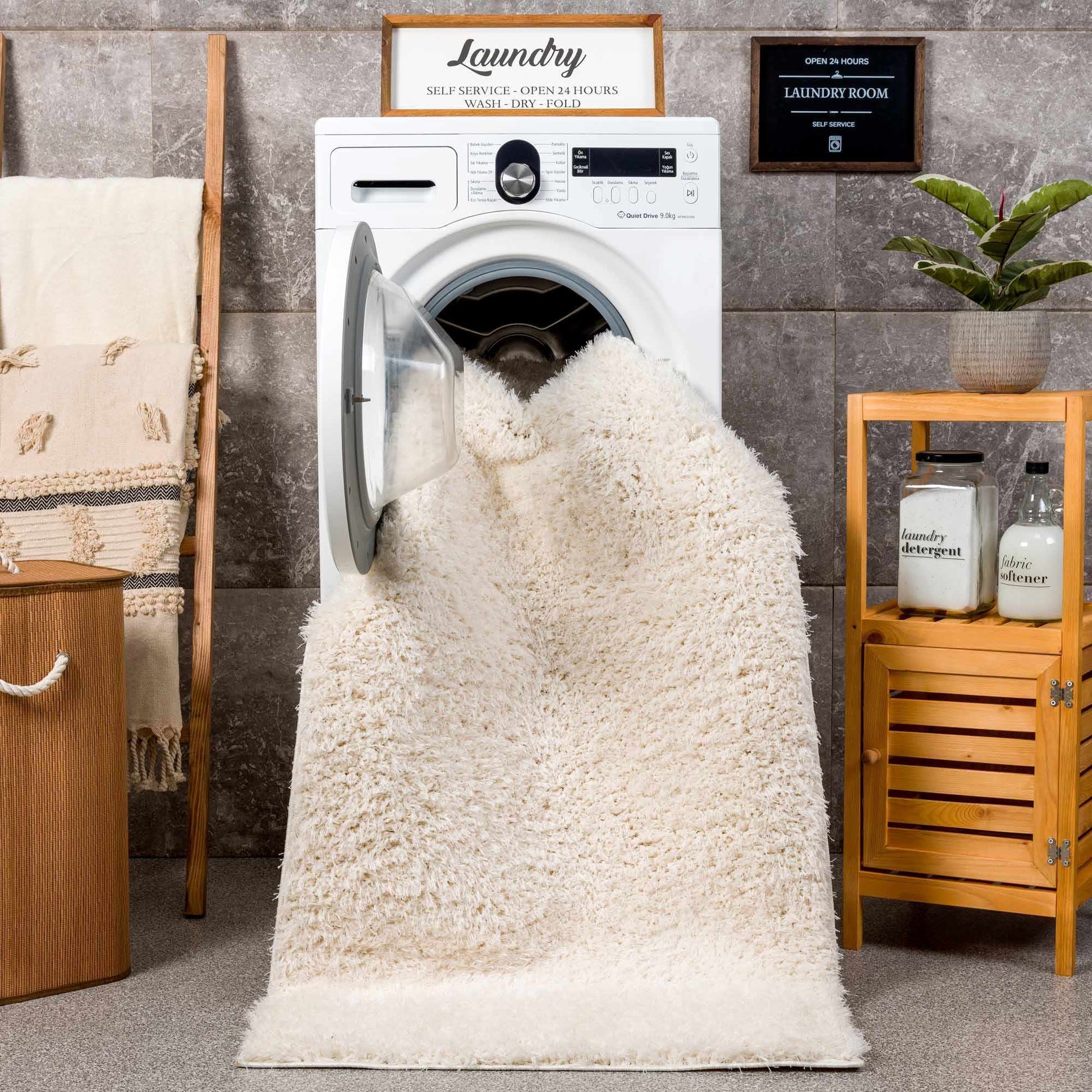 Faina Solid Cream Shag Rug Washable - Quahog Bay Bedding