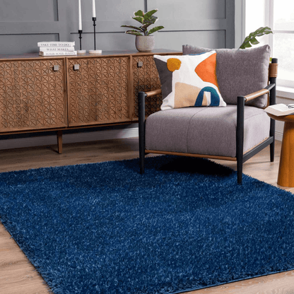 Faina Solid Dark Blue Shag Rug Washable