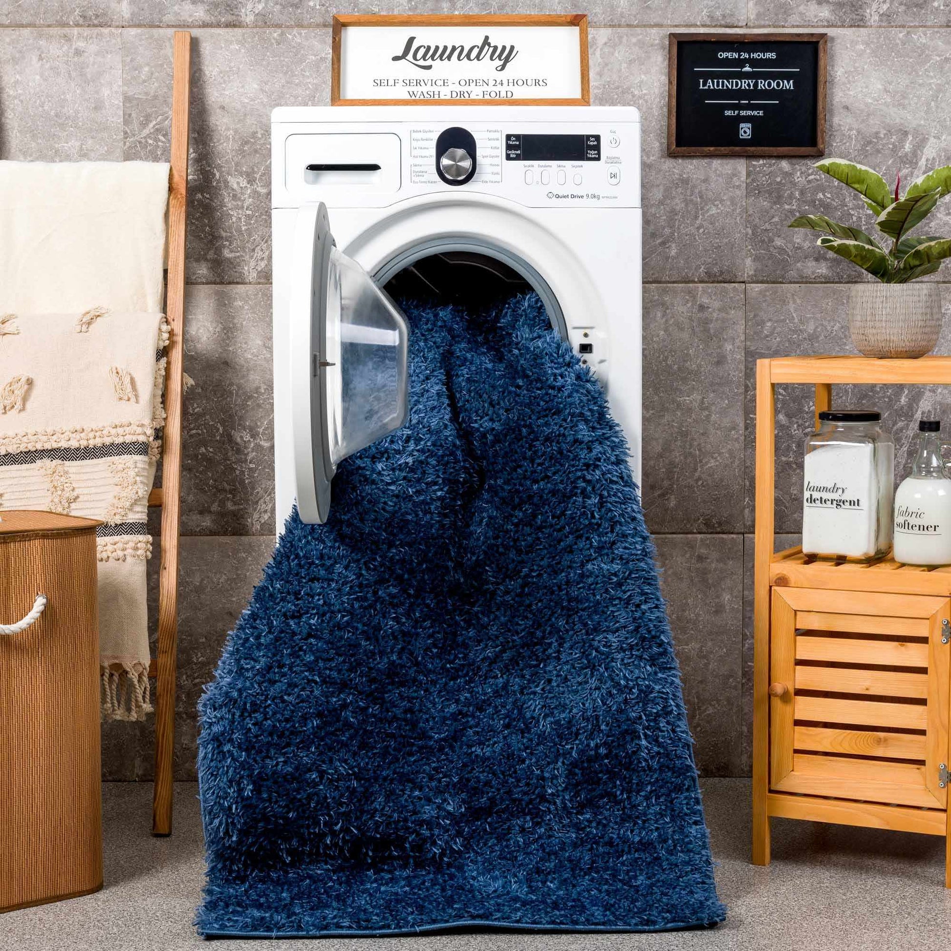 Faina Solid Dark Blue Shag Rug Washable - Quahog Bay Bedding