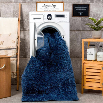 Faina Solid Dark Blue Shag Rug Washable - Quahog Bay Bedding