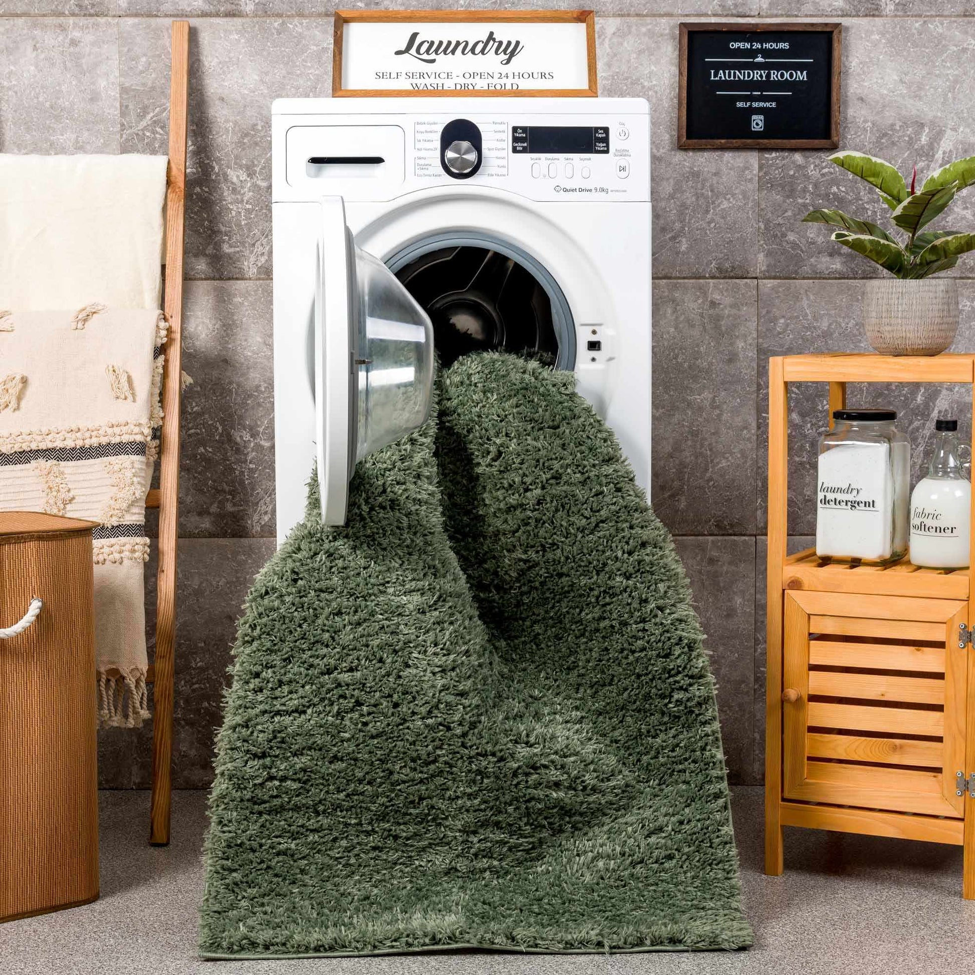 Faina Solid Green Shag Rug Washable - Quahog Bay Bedding