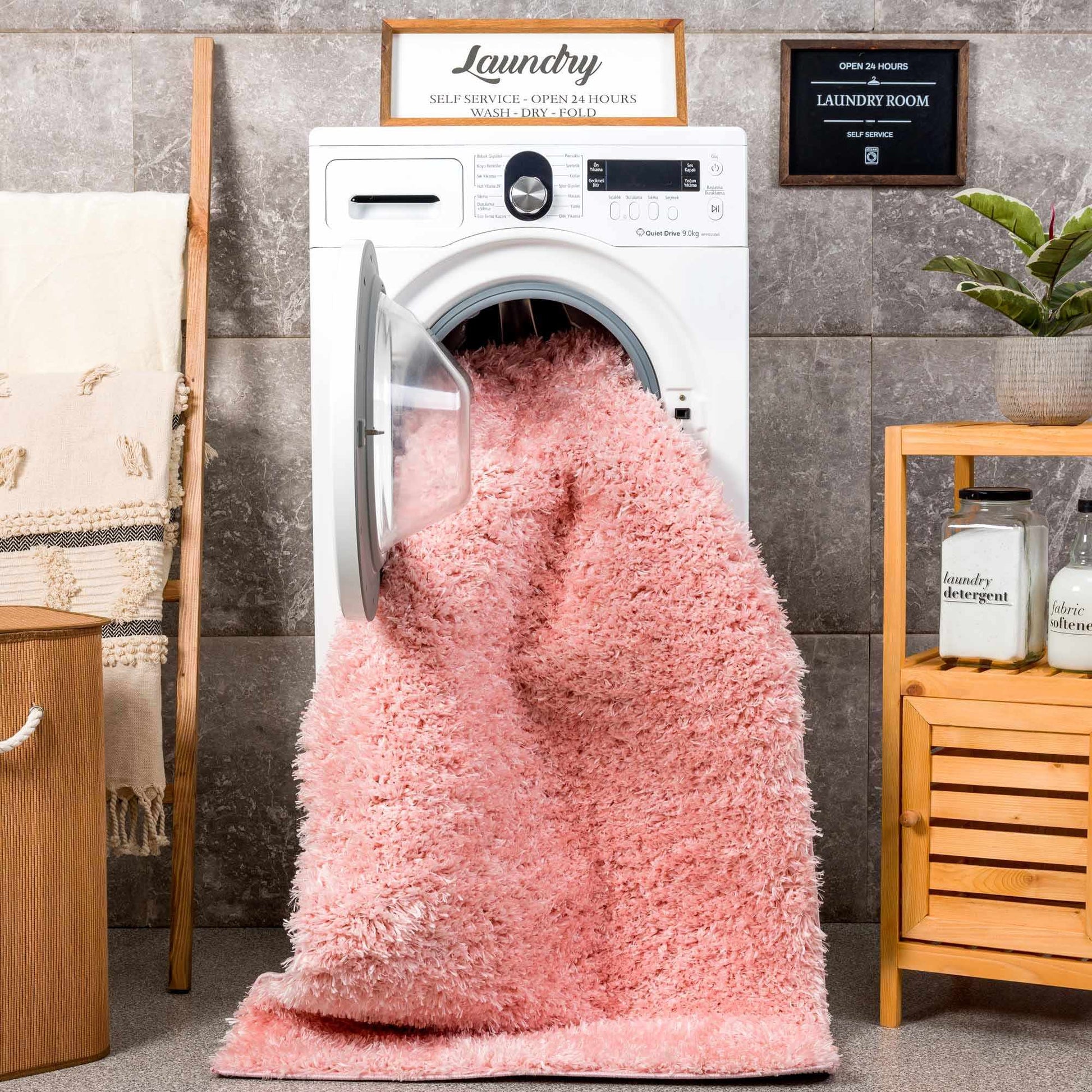 Faina Solid Pink Shag Rug Washable - Quahog Bay Bedding