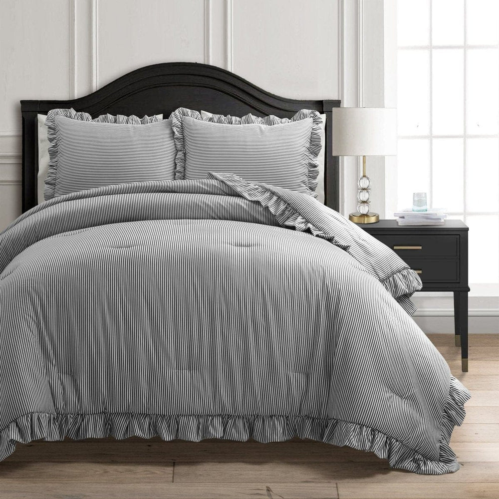 Farmhouse Stripe Reyna Ruffle Reversible Comforter 3 Piece Set - Quahog Bay Bedding