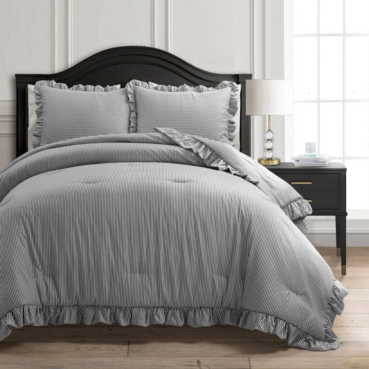 Farmhouse Stripe Reyna Ruffle Reversible Comforter 3 Piece Set - Quahog Bay Bedding