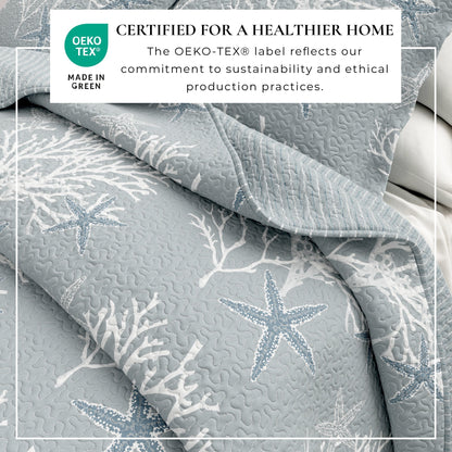 Fenwick Teal Coral Quilt Set - Coastal Quilts - Quahog Bay Bedding