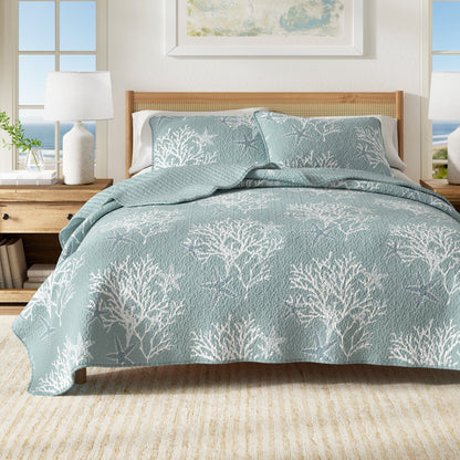 Fenwick Teal Coral Quilt Set - Coastal Quilts - Quahog Bay Bedding