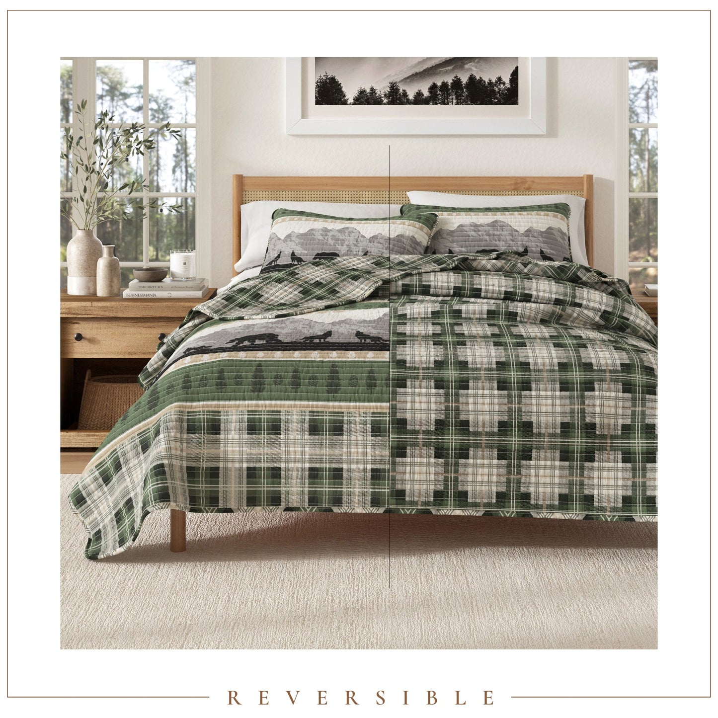 Lodge Quilt - Green With Bears, Woods & Mountains