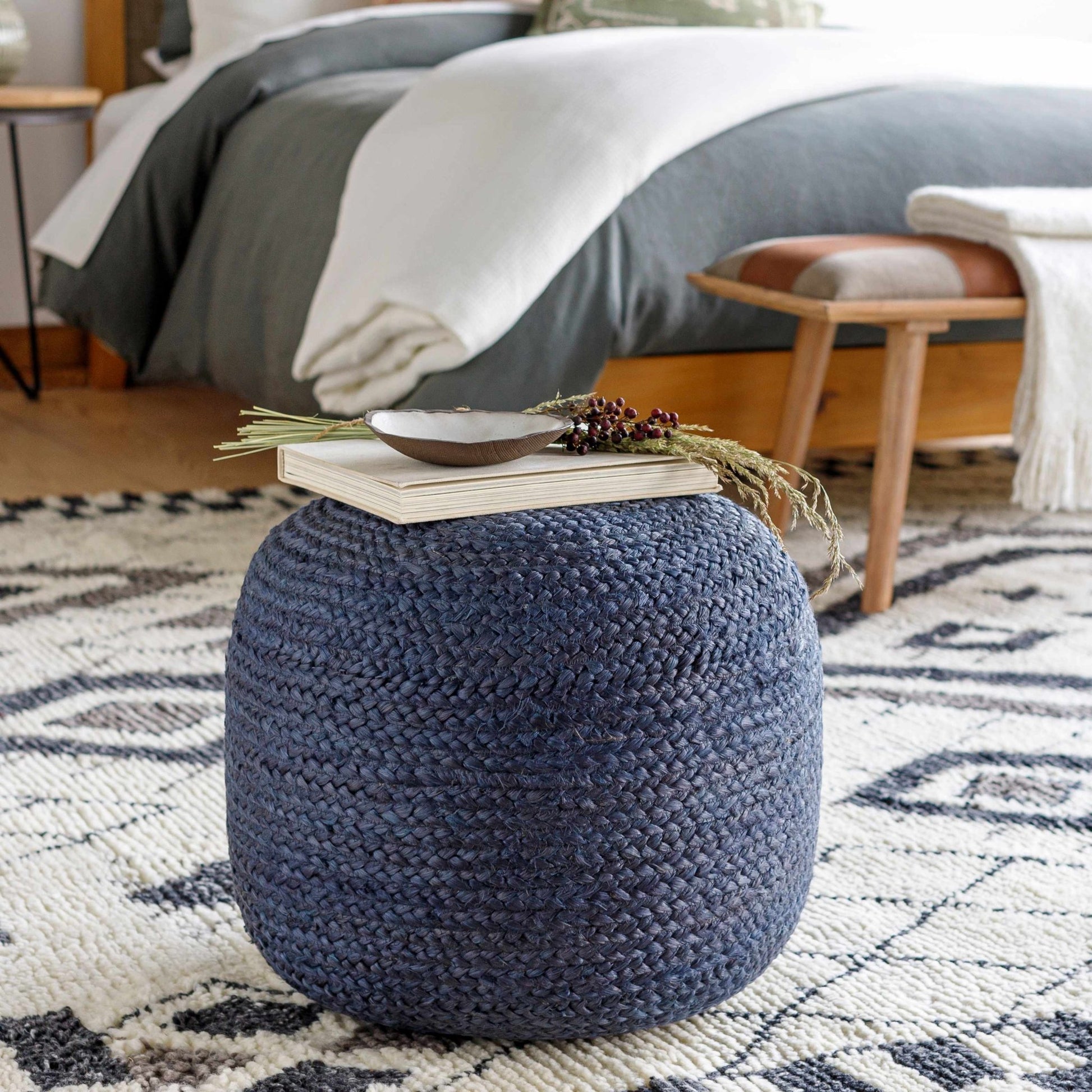 Gail Navy Jute Knitted Pouf - Quahog Bay Bedding