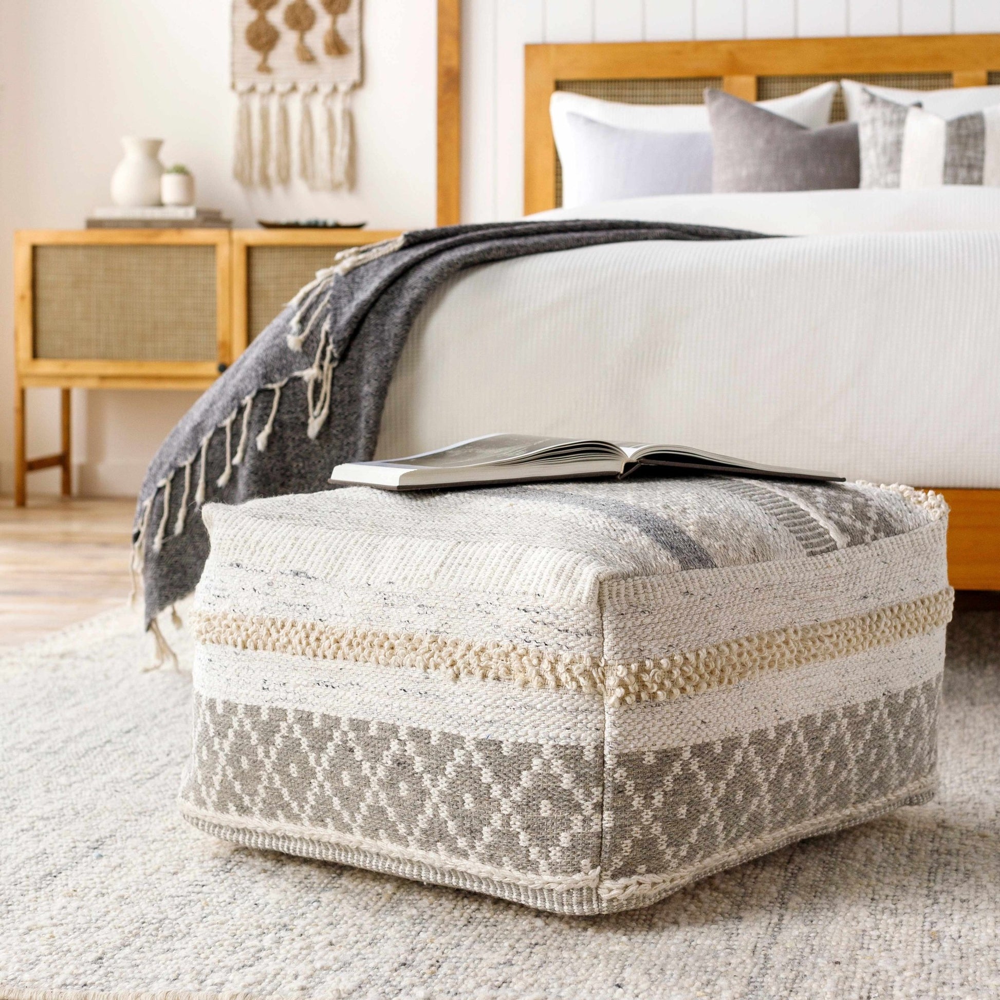 Geyser Woven White Gray Cotton Pouf - Quahog Bay Bedding